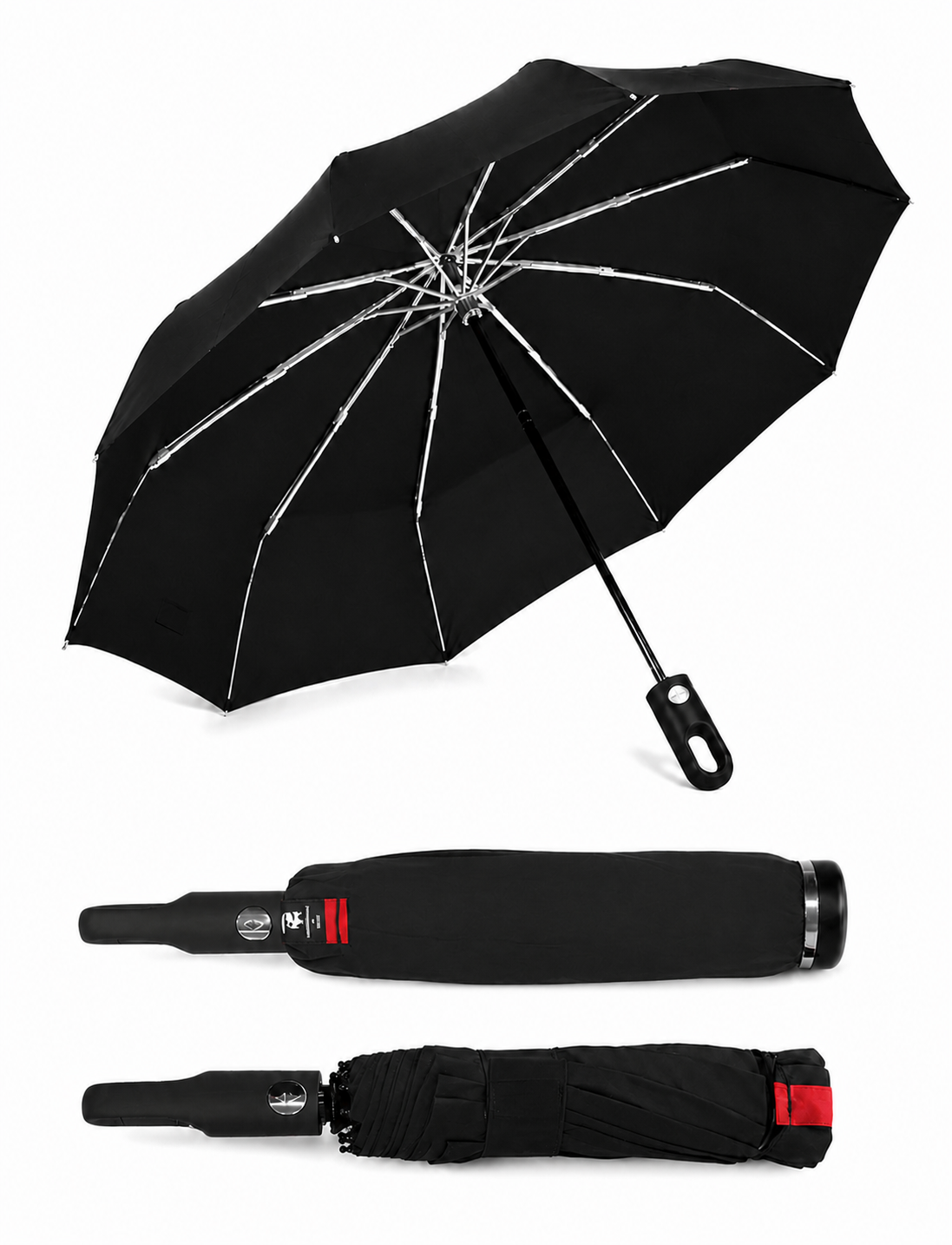 Black KR26 umbrella open, covered and folded