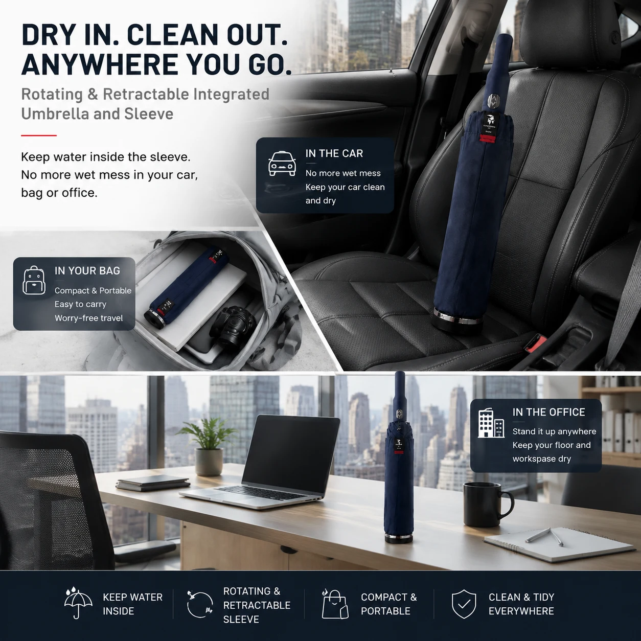 KR26 umbrella shown in car, bag, and office settings