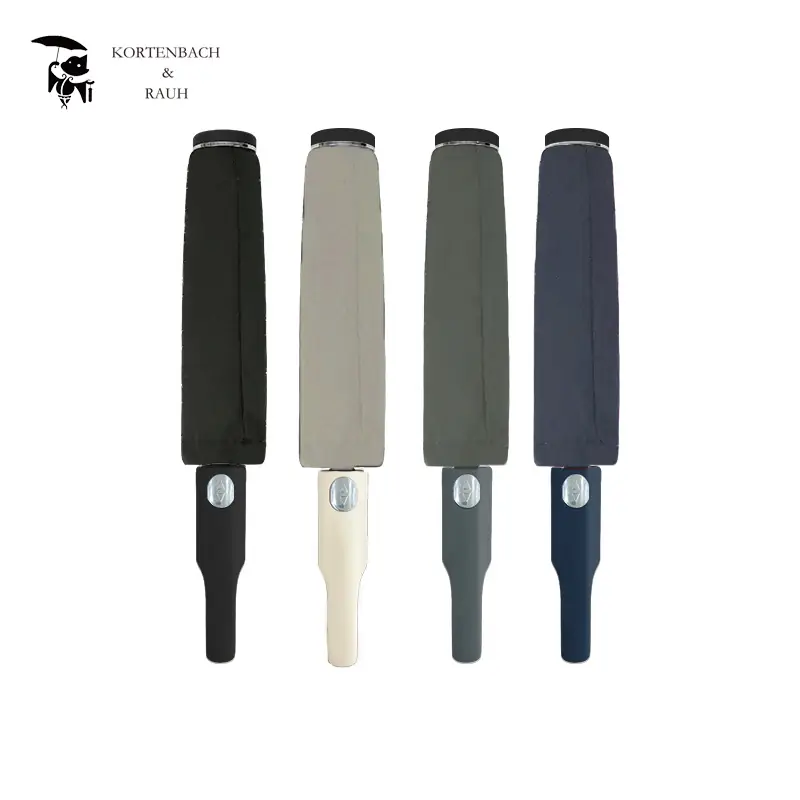 Four folded KR26 umbrellas in black, cream, grey, and navy