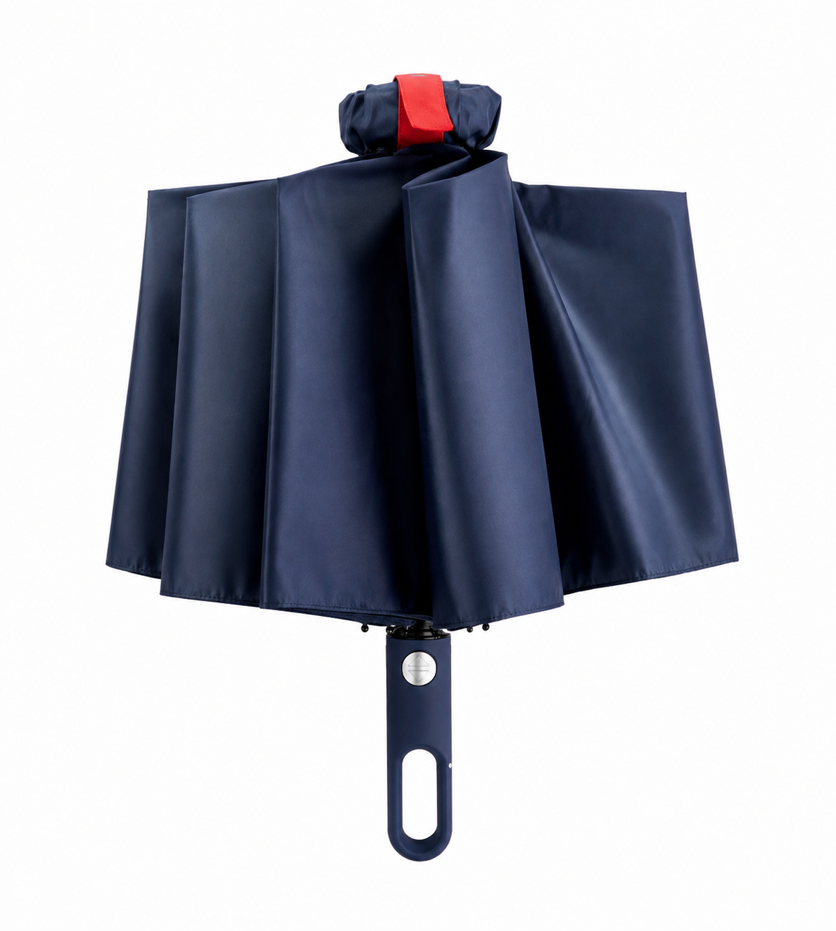 Partially folded navy KR26 umbrella with a red fastening strap